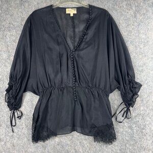 Elizabeth & James Black Silk Blouse Size M Lace Detail Dolman Sleeve
